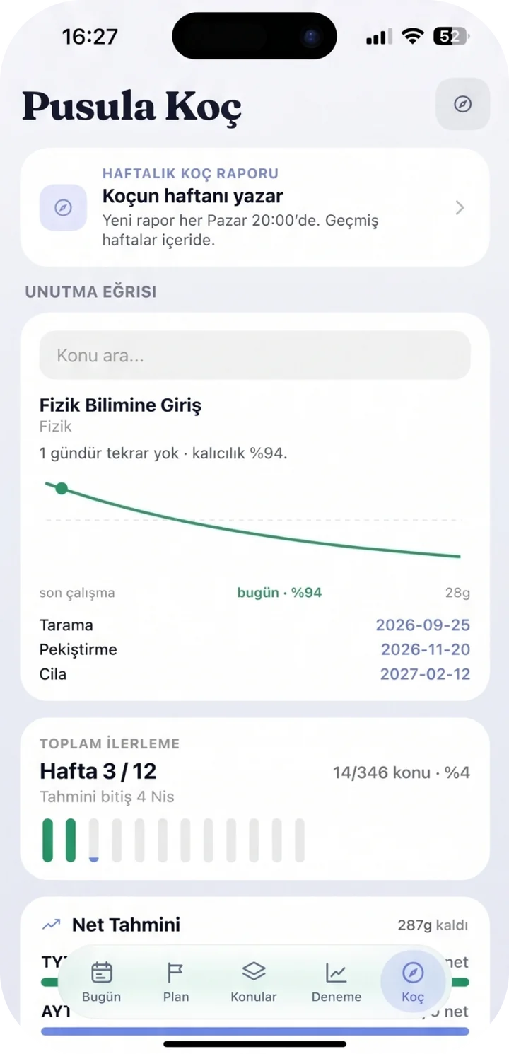 Pusula Koç ekranı: haftalık koç raporu kartı, unutma eğrisi grafiği ve toplam ilerleme.